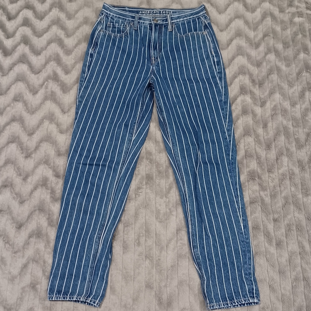 American Eagle Womens Size 2 Blue Striped Denim Mom Jeans